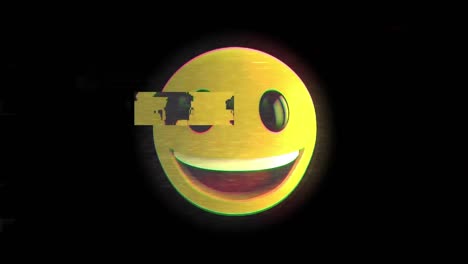 Digitale-Animation-Des-Glitch-Effekts-über-Lächelndem-Gesichts-Emoji-Vor-Schwarzem-Hintergrund