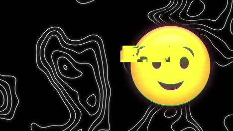 Digitale-Animation-Eines-Blasenden-Kuss-Gesichts-Emojis-Vor-Der-Topografie-Auf-Schwarzem-Hintergrund