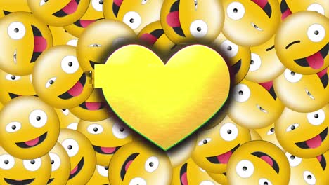 Digitale-Animation-Des-Glitch-Effekts-über-Dem-Gelben-Herzsymbol-Vor-Mehreren-Albernen-Gesichts-Emojis