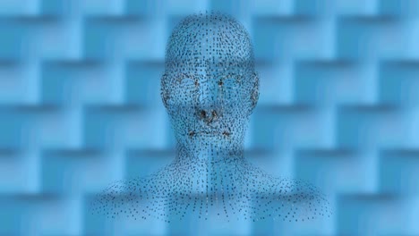 Digitale-Animation-Eines-Menschlichen-Gesichtsmodells,-Das-Sich-Vor-Einem-Strukturierten-Muster-Auf-Blauem-Hintergrund-Dreht