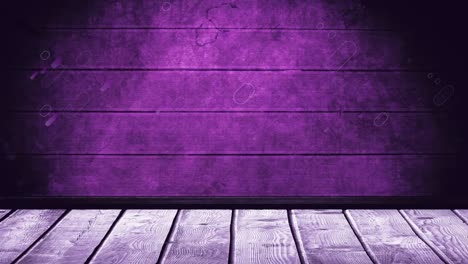Digital-animation-of-purple-light-trails-falling-over-wooden-surface-against-purple-background
