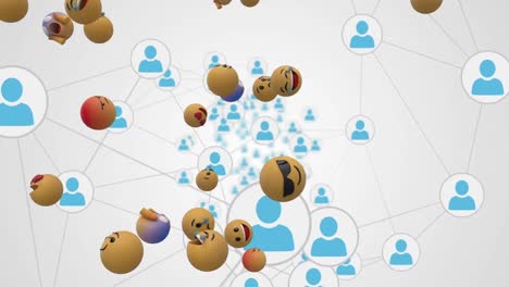 Animation-Von-Emojis,-Die-über-Einem-Netzwerk-Verbundener-Blauer-Personensymbole-Schweben,-Die-Sich-Auf-Weißem-Hintergrund-Bewegen
