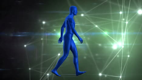 Animation-of-walking-blue-human-figure-over-glowing-network-of-connections,-moving-on-black