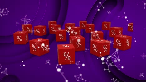 Molecular-structures-over-percentage-sign-on-multiple-red-blocks-abstract-shape-on-purple-background