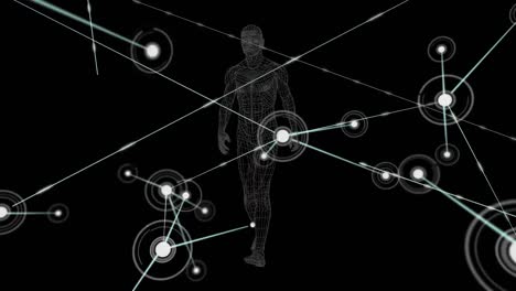 Digital-animation-of-network-of-connections-against-human-body-model-walking-on-black-background