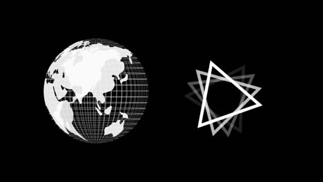 Animation-Eines-Weißen-Dreiecks-Und-Eines-Globus,-Der-Sich-Auf-Schwarzem-Hintergrund-Dreht