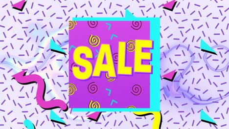 Digital-animation-of-sale-text-on-purple-banner-against-abstract-colorful-shapes-on-white-background