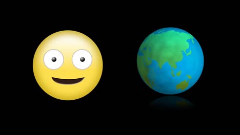 Animation-Des-Emoji-Symbols-Und-Des-Globus,-Der-Sich-Auf-Schwarzem-Hintergrund-Dreht