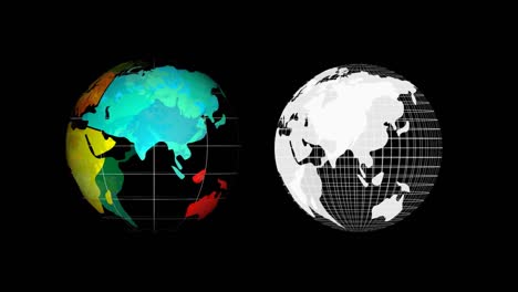 Digitale-Animation-Zweier-Globen-Symbole,-Die-Sich-Vor-Schwarzem-Hintergrund-Drehen