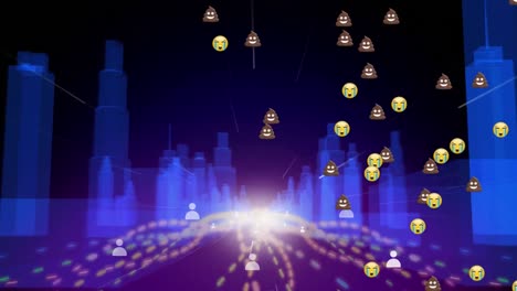 Digitale-Animation-Mehrerer-Emojis,-Die-über-Lichtspuren-Fallen,-Und-3D-Stadtmodell-Auf-Schwarzem-Hintergrund