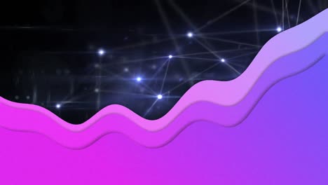 Animation-of-purple-waves-over-glowing-network-of-connections-on-black-background