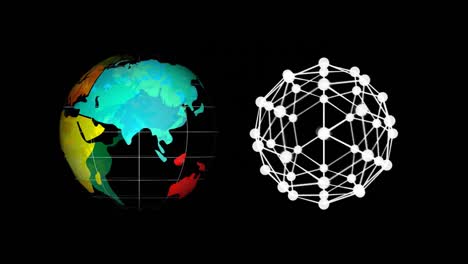Digital-animation-of-globe-of-connected-dots-and-globe-icon-spinning-against-black-background