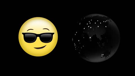 Digitale-Animation-Eines-Gesichts-Mit-Sonnenbrille-Emoji-Und-Sich-Drehendem-Globus-Symbol-Vor-Schwarzem-Hintergrund