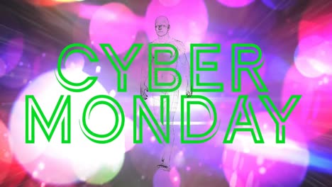 Human-body-model-walking-over-cyber-monday-text-against-colorful-spots-of-bokeh-lights
