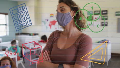 Animation-of-school-items-icons-moving-over-female-teacher-wearing-face-mask