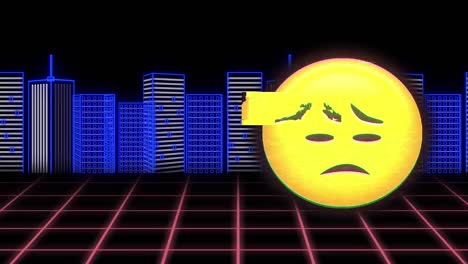 Animation-of-social-media-sad-emoji-icon-over-cityscape