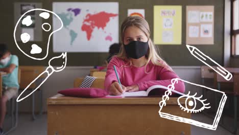 School-concept-icons-against-caucasian-girl-wearing-face-mask-studying-in-class-at-elementary-school