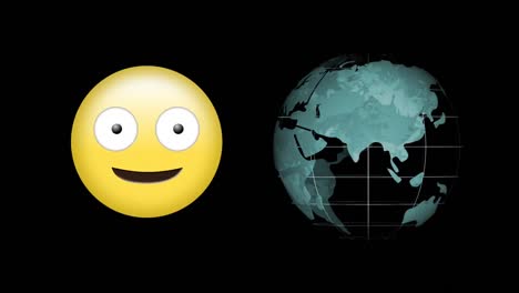 Animation-Des-Emoji-Symbols-Und-Des-Globus,-Der-Sich-Auf-Schwarzem-Hintergrund-Dreht
