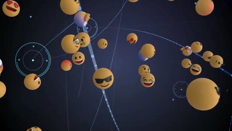 Digital-animation-of-multiple-face-emojis-floating-against-network-of-connections-on-blue-background