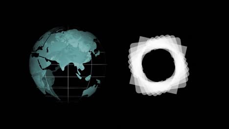 Digital-animation-of-globe-icon-spinning-and-abstract-circular-shape-against-black-background