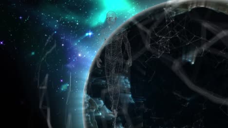 Digitale-Animation-Eines-Menschlichen-Körpermodells,-Das-Gegen-Einen-Sich-Drehenden-Globus-Im-Weltraum-Läuft