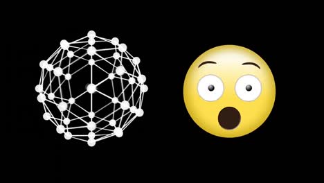 Globe-of-network-of-connections-spinning-and-surprised-face-emoji-against-black-background