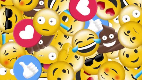 Digital-animation-of-multiple-different-emojis-and-icons-falling-against-black-background