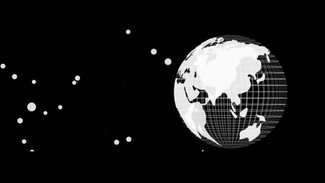 Animation-of-white-spots-and-globe-spinning-on-black-background