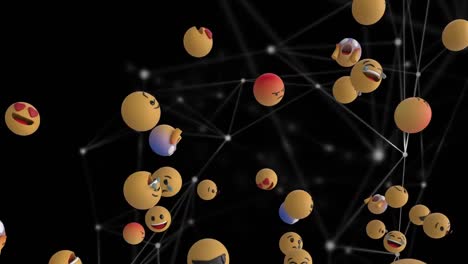 Animation-of-emojis-floating-over-network-of-connections-moving-on-black-background