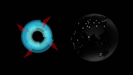 Digital-animation-of-abstract-circular-shape-and-globe-icon-spinning-against-black-background