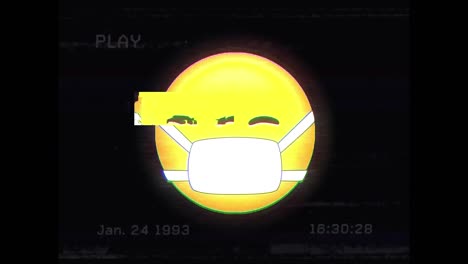 Digitale-Animation-Des-Glitch-Effekts-über-Gesichts-Emoji-Mit-Gesichtsmaske-Vor-Schwarzem-Hintergrund
