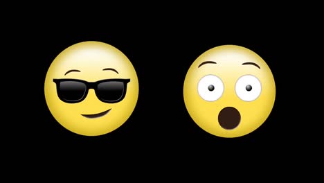 Digitale-Animation-Von-überraschten-Und-Gesichtstragenden-Sonnenbrillen-Emojis-Vor-Schwarzem-Hintergrund