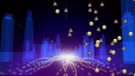 Digital-animation-of-multiple-emojis-falling-over-light-trails-and-3d-city-model-on-black-background