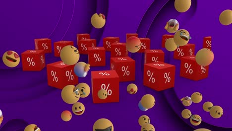 Animation-of-emojis-and-red-cubes-with-percent-symbol-floating-on-purple-background