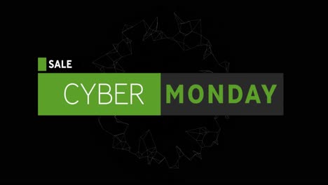 Animation-of-cyber-monday-text-over-spinning-network-of-connections-on-black-background