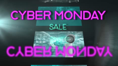 Animation-of-cyber-monday-sale-text-over-screens-with-data-processing