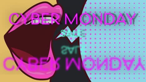 Digital-animation-of-cyber-monday-sale-text-against-pink-lips-and-blue-speech-bubble