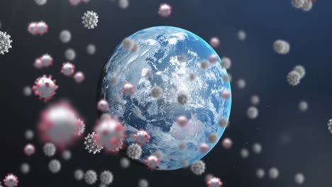 Digital-animation-of-multiple-covid-19-cells-floating-over-globe-against-blue-background