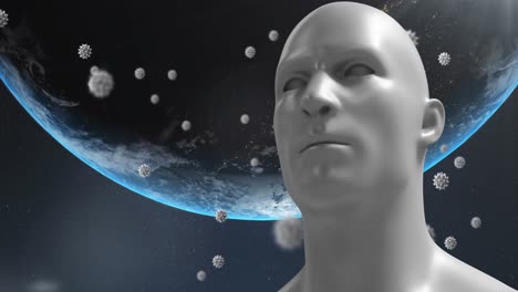 Digitale-Animation-Mehrerer-Covid-19-Zellen,-Die-über-Einem-Menschlichen-Gesichtsmodell-Gegen-Den-Globus-Schweben