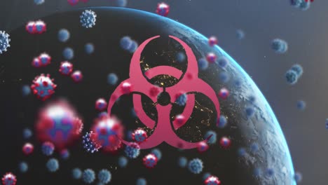 Animation-Von-Covid-19-Zellen,-Die-über-Dem-Biohazard-Symbol-Und-Dem-Planeten-Erde-Schweben