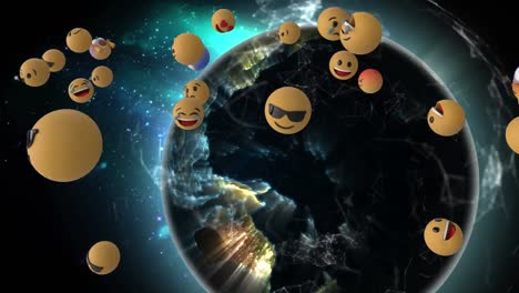 Digital-animation-of-multiple-face-emojis-floating-against-spinning-globe-in-space
