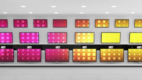 Animation-of-rows-of-television-sets-with-glowing-pink-and-orange-pattern-on-screens-in-store