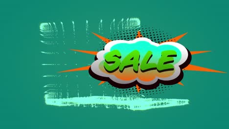 Sale-text-over-retro-speech-bubble-against-3d-laptop-model-spinning-on-green-background