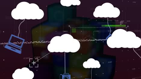 Animation-of-clouds-icon-over-digital-interface-and-data-processing