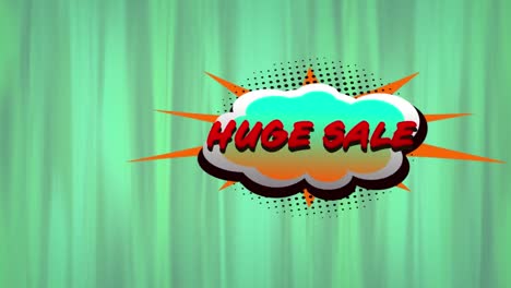 Huge-sale-text-over-retro-speech-bubble-against-light-trails-on-green-background