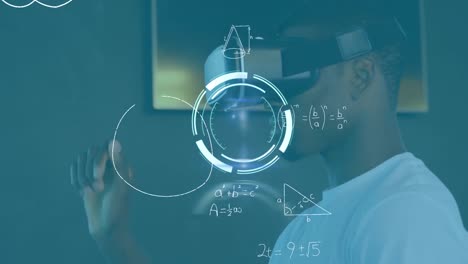 Animation-of-scope-scanning-and-mathematical-equations-over-businessman-wearing-vr-headset-in-office