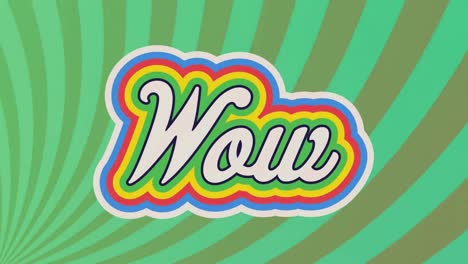 Digital-animation-of-wow-text-with-rainbow-shadow-effect-against-green-radial-background