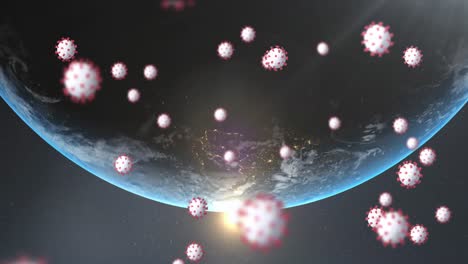 Digitale-Animation-Mehrerer-über-Dem-Globus-Schwebender-Covid-19-Zellen-Vor-Blauem-Hintergrund