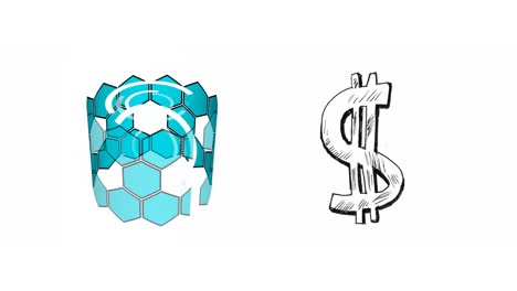 Digital-animation-of-hexagonal-shape-spinning-and-dollar-symbol-against-white-background
