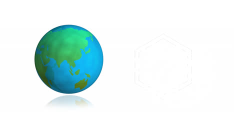 Digitale-Animation-Einer-Sechseckigen-Form-Und-Eines-Globussymbols,-Das-Sich-Vor-Weißem-Hintergrund-Dreht